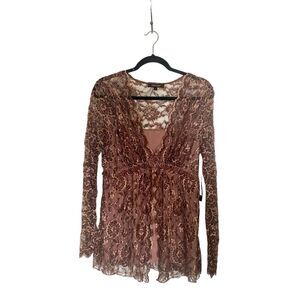 Karen Kane Rose Dream Top Embroidered Floral Lace Sz L Fairy Illusion Sleeve